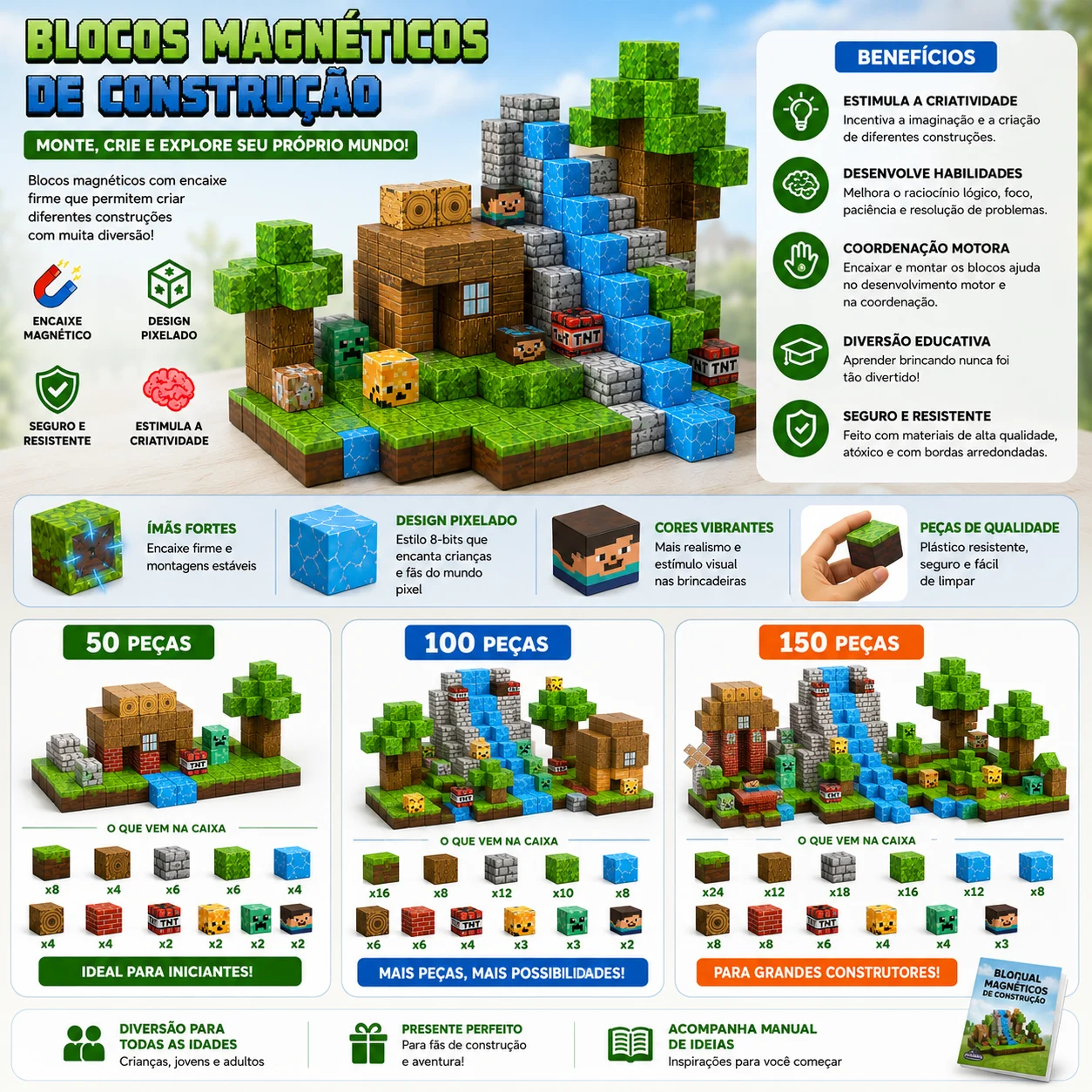 Magnetic Blocks™ - Blocos Magnéticos De Construção - 100 á 150 peças — imagem 2